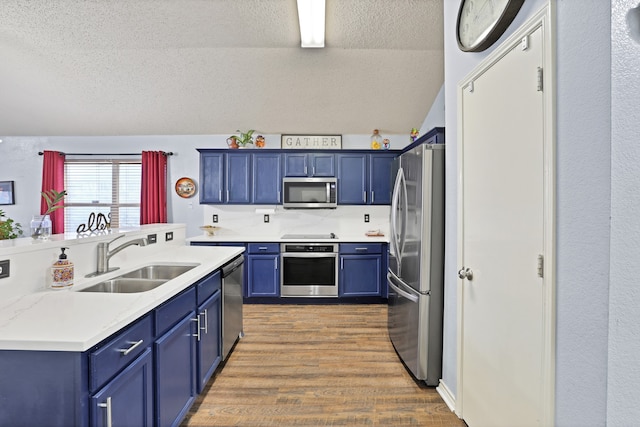 kitchen featuring hardwood / wood-style floors, sink, vaulted ceiling, blue cabinetry, and stainless steel appliances