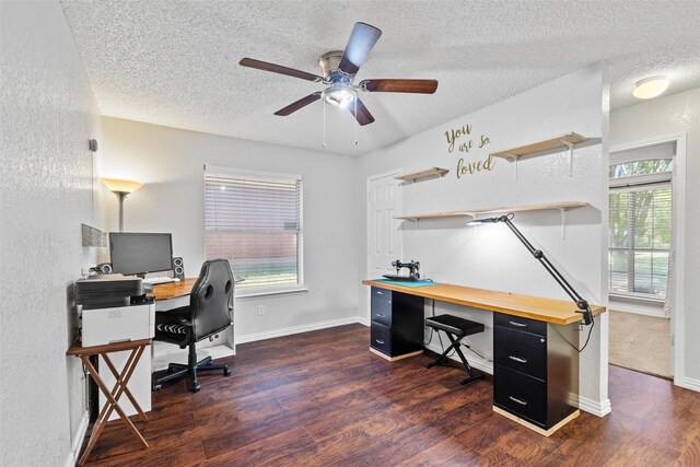 home office featuring dark hardwood / wood-style floors, plenty of natural light, and a textured ceiling