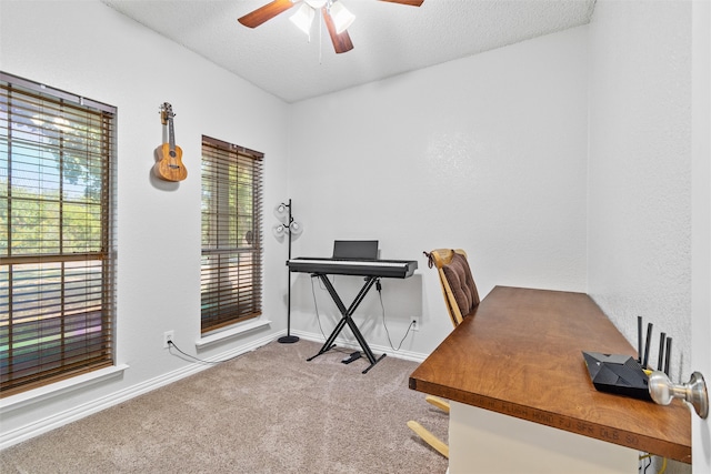 carpeted office space featuring a textured ceiling and ceiling fan