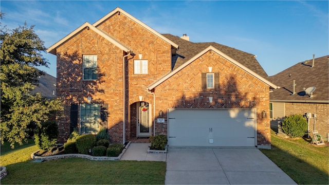 view of property with a front lawn and a garage