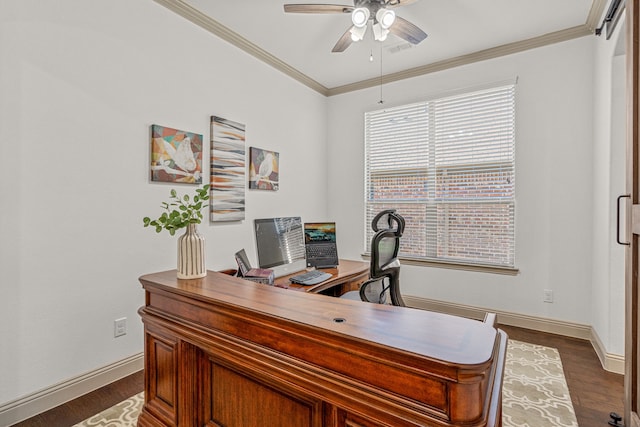 office space featuring crown molding, ceiling fan, and dark hardwood / wood-style floors