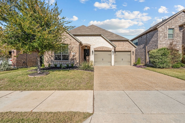 view of front of house with a garage and a front lawn