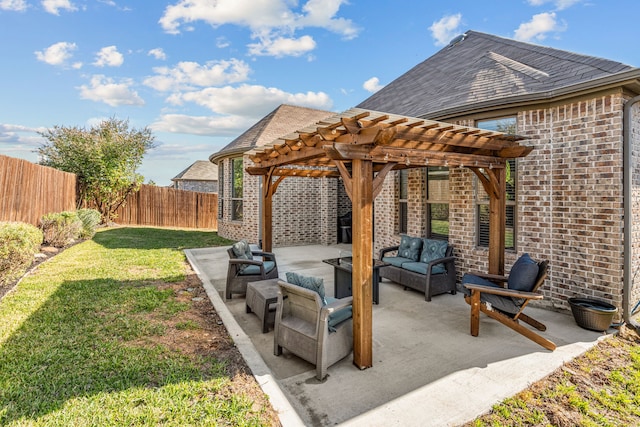 view of patio / terrace with outdoor lounge area and a pergola