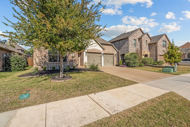 view of front of property featuring central air condition unit, a front yard, and a garage