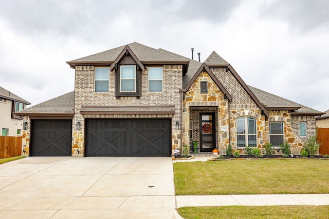 view of front of home featuring a garage and a front lawn