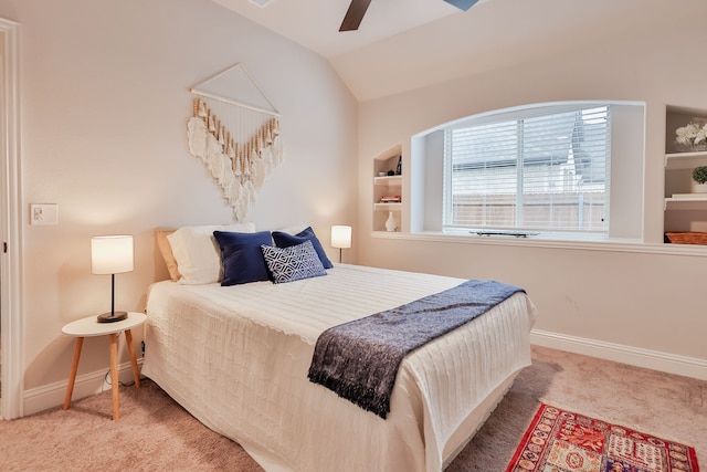 bedroom featuring ceiling fan, carpet, and lofted ceiling