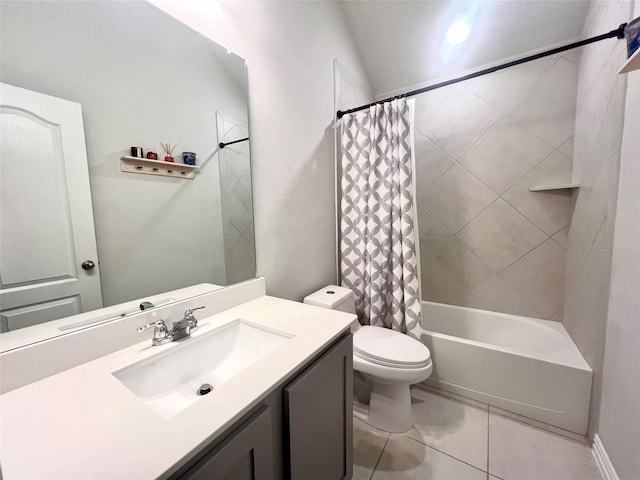 full bathroom with toilet, vanity, and shower / tub combo with curtain