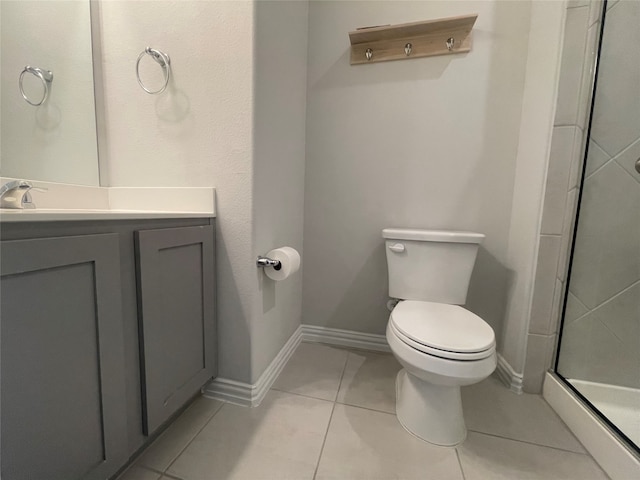 bathroom with tile patterned flooring, vanity, toilet, and a shower with shower door