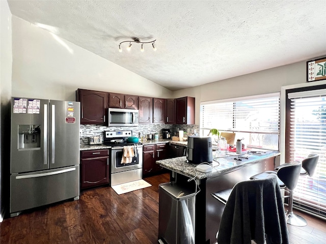 kitchen featuring dark brown cabinets, dark hardwood / wood-style flooring, stainless steel appliances, and a wealth of natural light