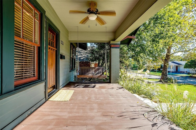 view of patio / terrace featuring ceiling fan and covered porch