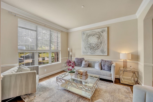 living room with ornamental molding and hardwood / wood-style floors