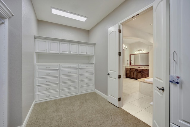 spacious closet featuring light colored carpet