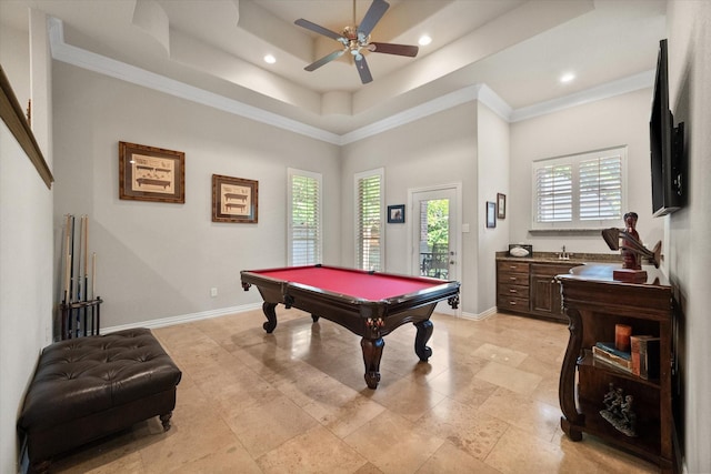 rec room featuring ceiling fan, pool table, crown molding, and a raised ceiling