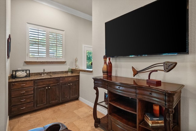 bar featuring sink and crown molding