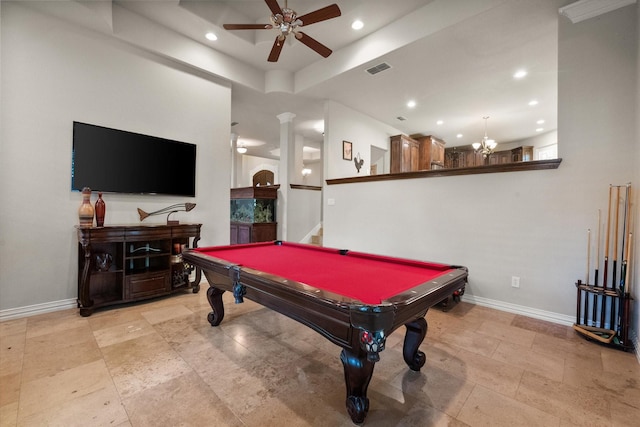 playroom with billiards and ceiling fan