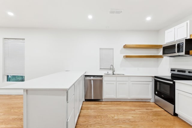 kitchen with kitchen peninsula, appliances with stainless steel finishes, light wood-type flooring, sink, and white cabinets