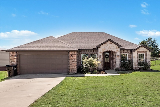 view of front of house with a garage and a front lawn