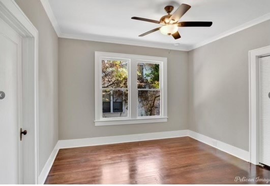 unfurnished room with crown molding, ceiling fan, and hardwood / wood-style flooring