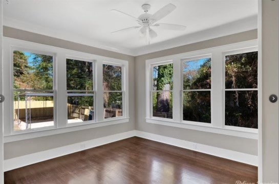 unfurnished sunroom with a wealth of natural light and ceiling fan