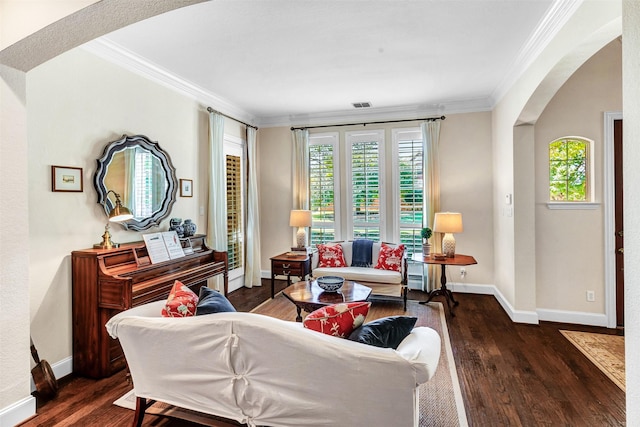 living room featuring crown molding and dark wood-type flooring