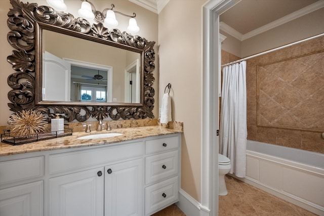 bathroom with tile patterned flooring, toilet, vanity, shower / bath combo with shower curtain, and crown molding