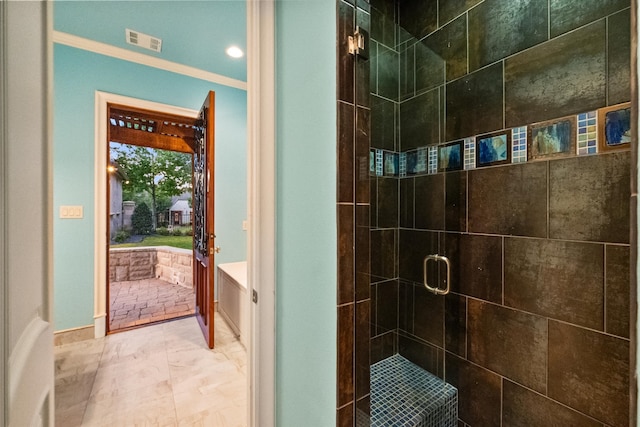 full bath featuring marble finish floor, a shower stall, and visible vents