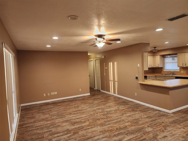 kitchen with ceiling fan, kitchen peninsula, hardwood / wood-style floors, and a textured ceiling