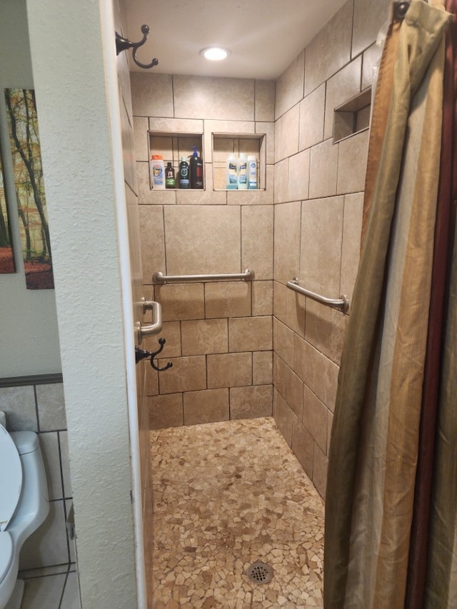 bathroom with a shower with curtain and toilet