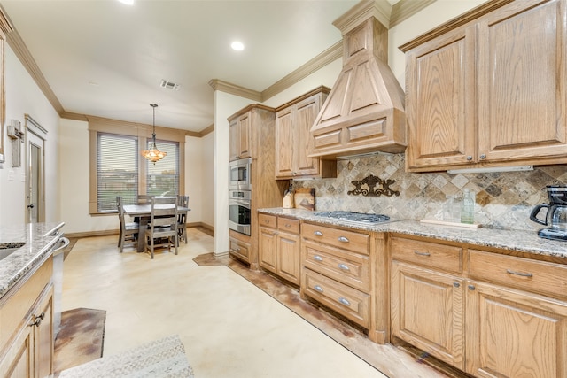 kitchen with stainless steel appliances, decorative backsplash, custom range hood, light stone countertops, and pendant lighting