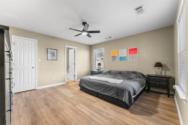 bedroom with ceiling fan, light wood-type flooring, and connected bathroom