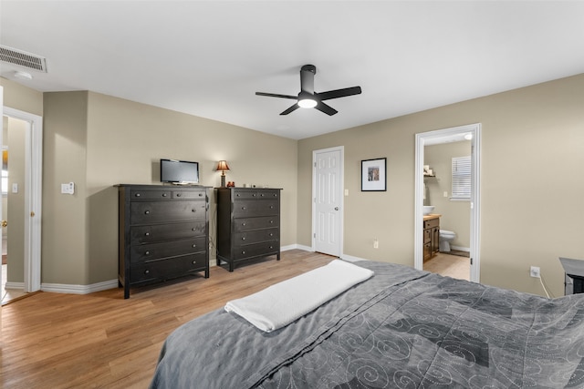 bedroom featuring a closet, connected bathroom, light hardwood / wood-style floors, and ceiling fan