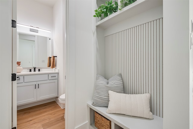 bathroom featuring vanity, hardwood / wood-style flooring, and toilet