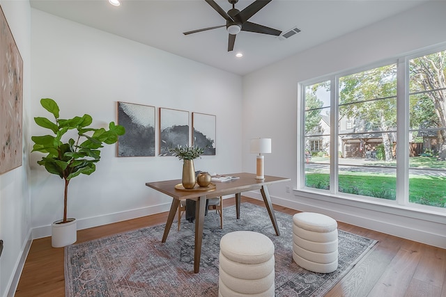 office featuring hardwood / wood-style floors and ceiling fan