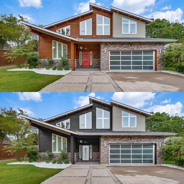 view of front facade featuring a garage and a front lawn