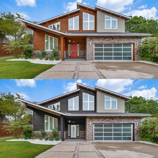 view of front of property featuring a garage and a front yard