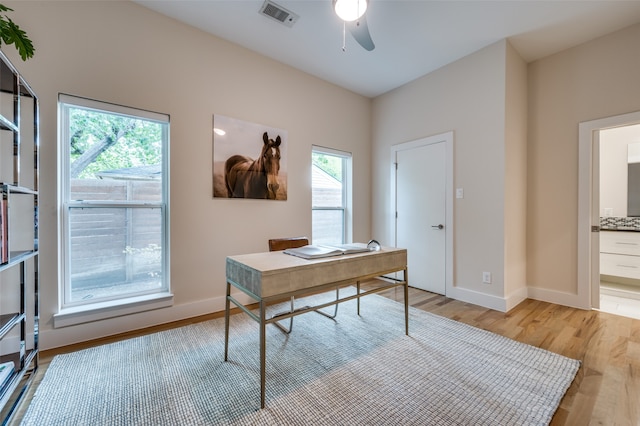 office space featuring ceiling fan and light hardwood / wood-style flooring