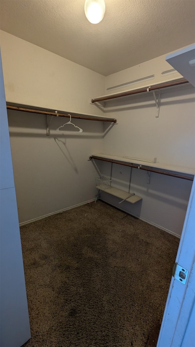 walk in closet featuring dark colored carpet