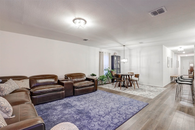 living room with wood-type flooring and a textured ceiling