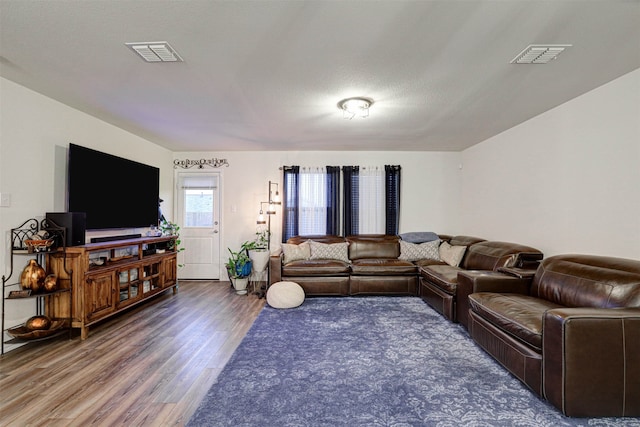 living room with a textured ceiling and dark wood-type flooring