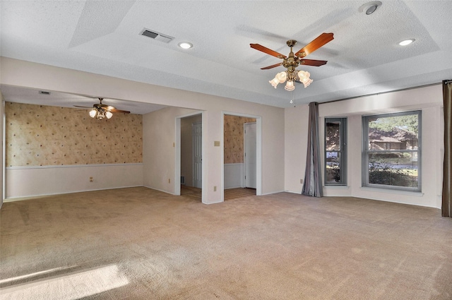 interior space with carpet, a raised ceiling, and a textured ceiling