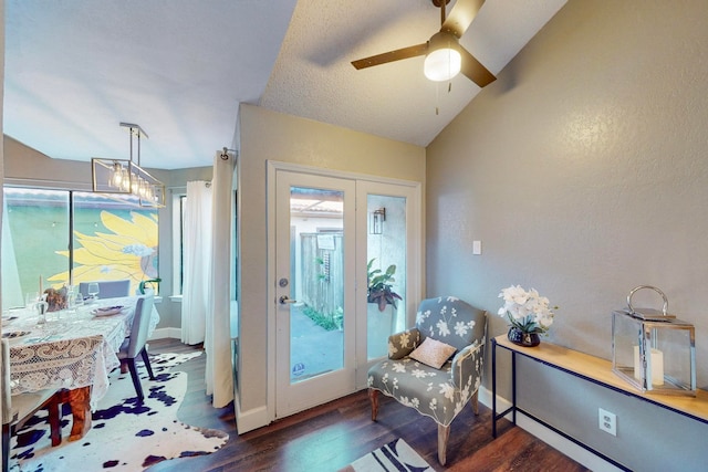 entryway featuring ceiling fan, a healthy amount of sunlight, dark wood-type flooring, and vaulted ceiling