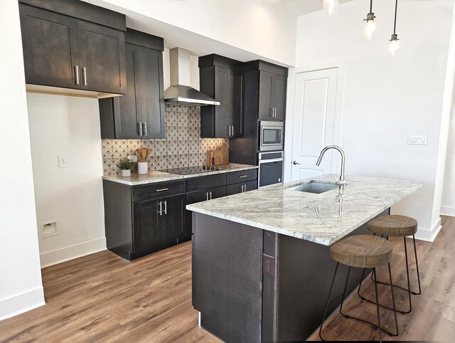 kitchen with appliances with stainless steel finishes, wall chimney range hood, sink, hanging light fixtures, and an island with sink