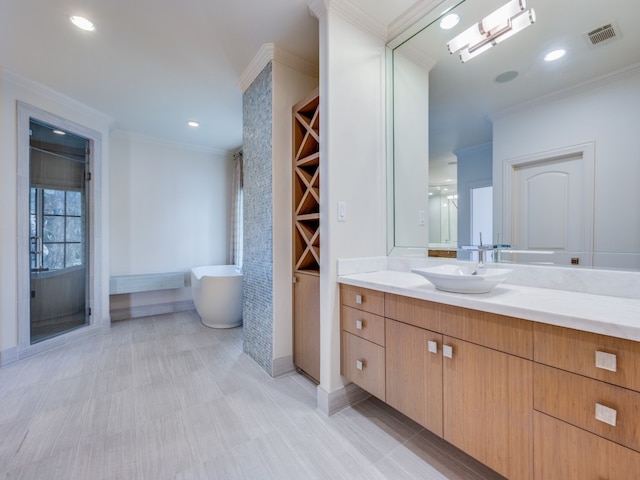 bathroom featuring crown molding, vanity, and plus walk in shower