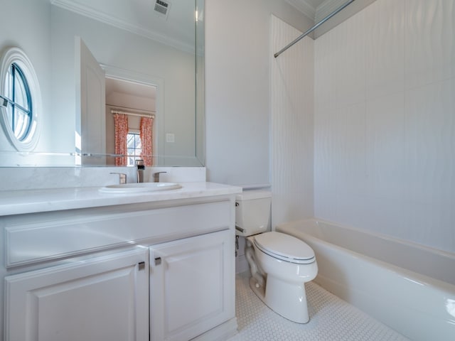 full bathroom with vanity, shower / tub combination, tile patterned floors, crown molding, and toilet