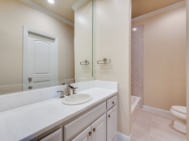 full bathroom with vanity, toilet, crown molding, and bathing tub / shower combination