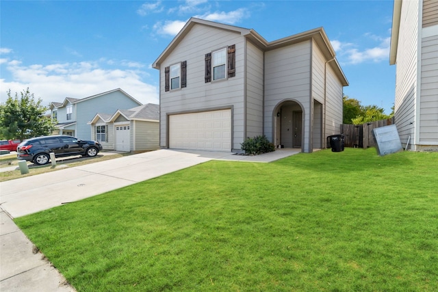 front of property with a front yard and a garage