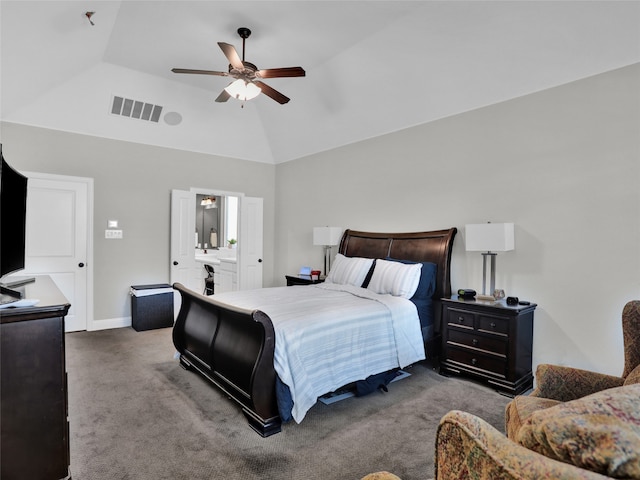 bedroom with connected bathroom, ceiling fan, carpet, and lofted ceiling