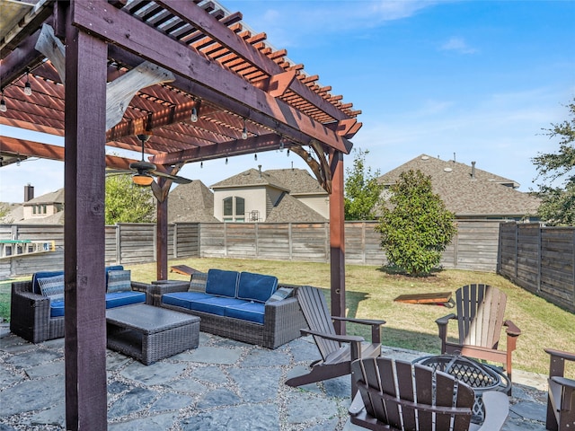 view of patio featuring an outdoor living space, a pergola, and ceiling fan