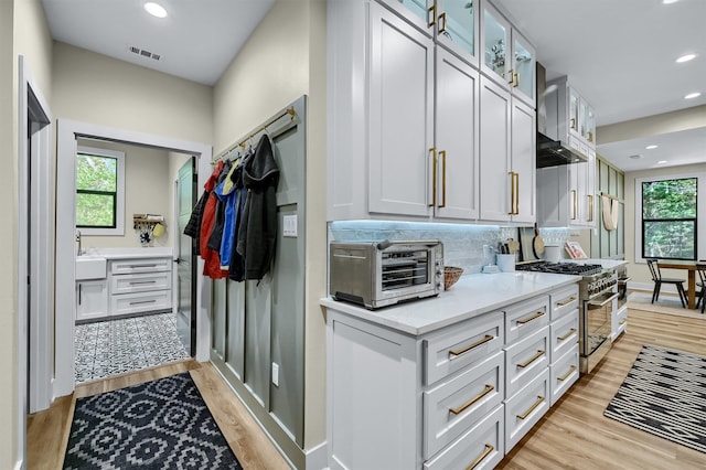 kitchen featuring white cabinets, light wood-type flooring, and stainless steel stove