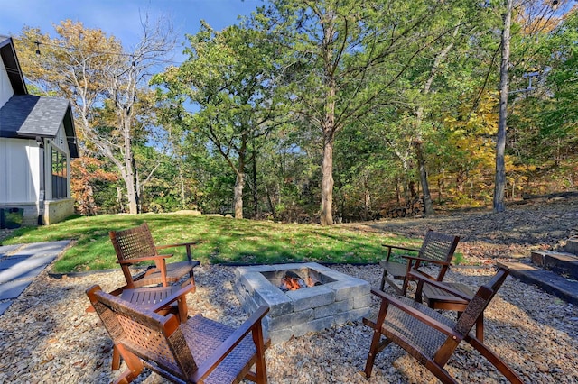 view of patio / terrace featuring a fire pit